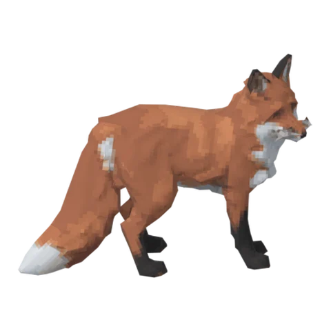 The fox model in flat blocks of colour with visible square pixels.